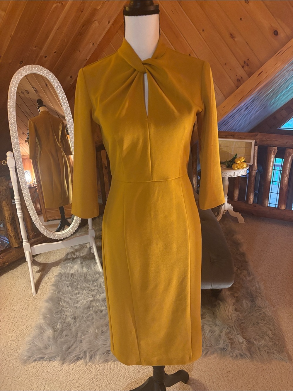 Donna Morgan Mustard Twist-Neck Long Sleeve Sheath Dress
